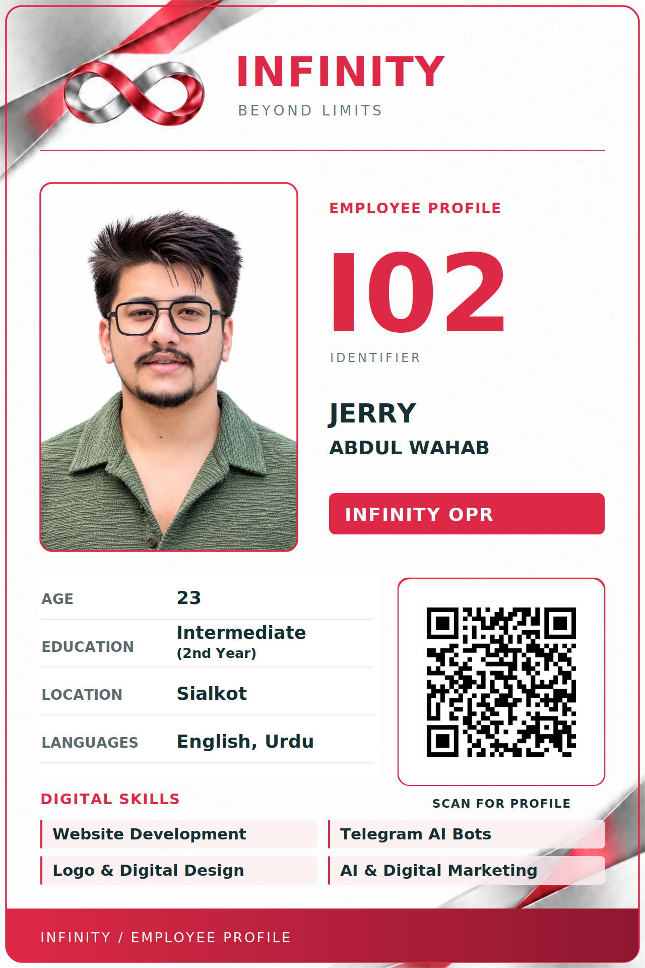 Front of INFINITY I02 employee card for Abdul Wahab